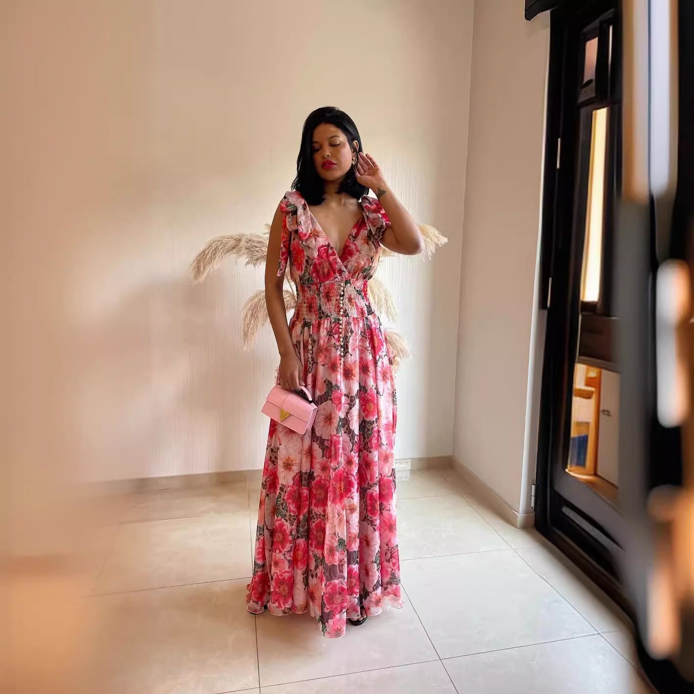 Kvinnors Lång Klänning V-Hals Polyester Ärm lös Elegant-2