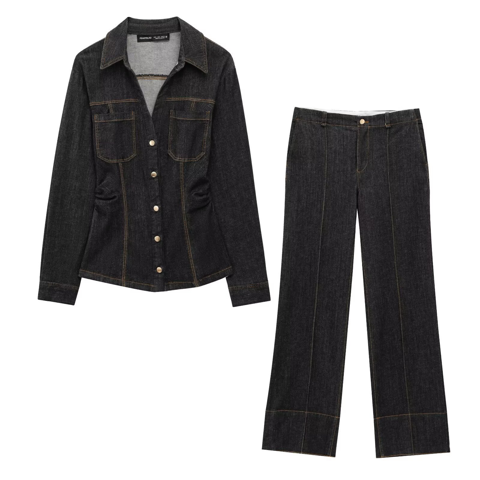 Dam Denim Set Högmidjade Jeans Skjorta 3D Effekt-2