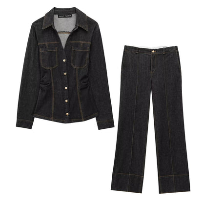 Dam Denim Set Högmidjade Jeans Skjorta 3D Effekt-2