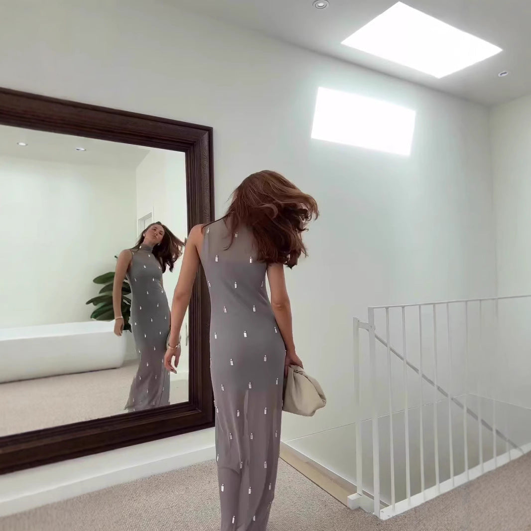 Fina Dam Klänningar Halvkrage Monokrom Mjuk Utan Ärmar-5