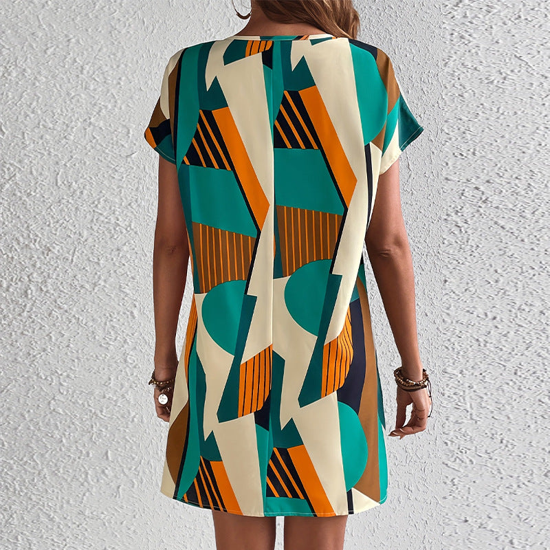 Damklänning A-Line Löst Passform Polyester med V-Hals och Korta Ärmar-3