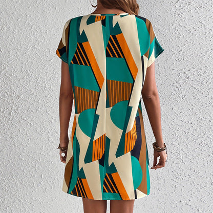 Damklänning A-Line Löst Passform Polyester med V-Hals och Korta Ärmar-3