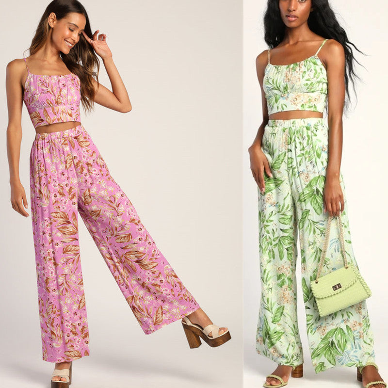 Dam Cami Top och Blommiga Bredbyxor Set i Polyester för Sommarens Evenemang-2