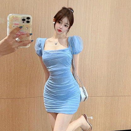 Kvinnors Kort Klänning Fyrkantig Halsringning Puffärmar Mesh-2