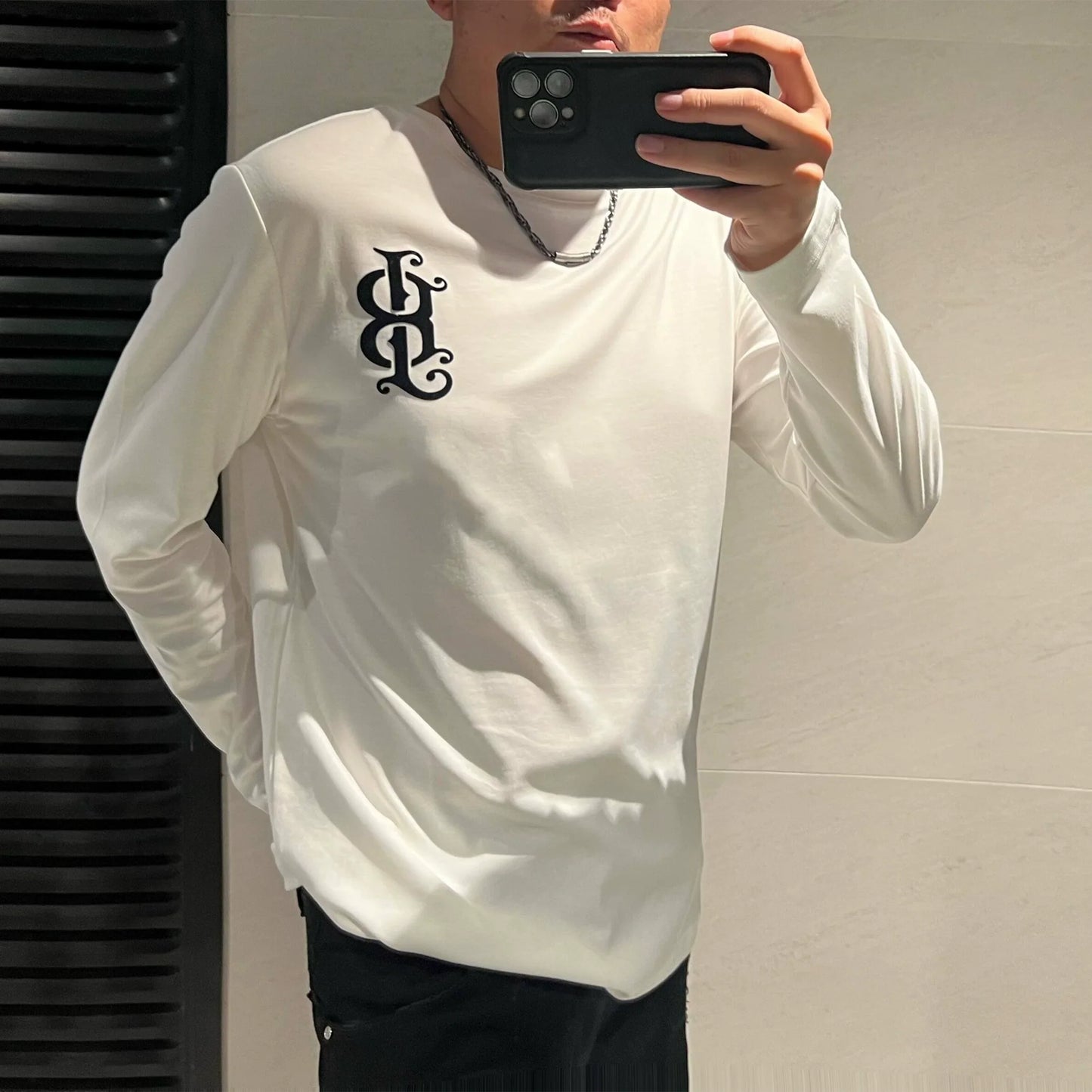 Herr Långärmad T-shirt med Tryck i Kvalitets Bomull för Träning och Vardagsbruk-1