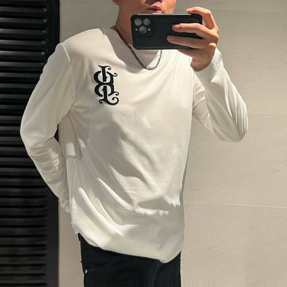 Herr Långärmad T-shirt med Tryck i Kvalitets Bomull för Träning och Vardagsbruk-1