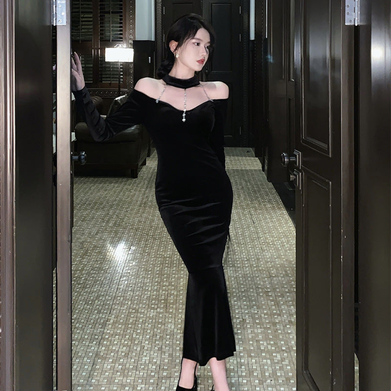 Kvinnors Stropplös Klänning Sjöjungfrustil Sammet-3