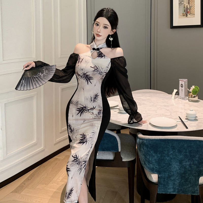 Dam Klänning En Axel Halterneck Spetsdesign Högkvalitativt Tyg-3