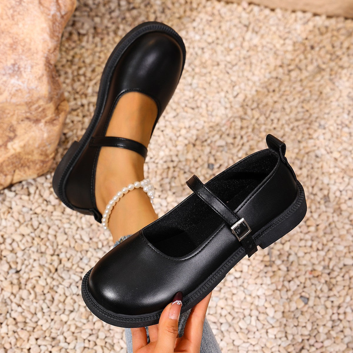 Svarta Ballerina Skor Dam i Syntetiskt Läder med Justerbart Spännband – Elegant och Bekväm Design 9