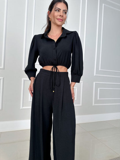 Tvådelat Set Dam Hög Midja Topp och Bred Byxa Polyester-5