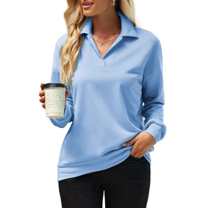 Dam Sweatshirt Långärmad V-ringad Polyester Tjocktröja för Avslappnad Stil-5