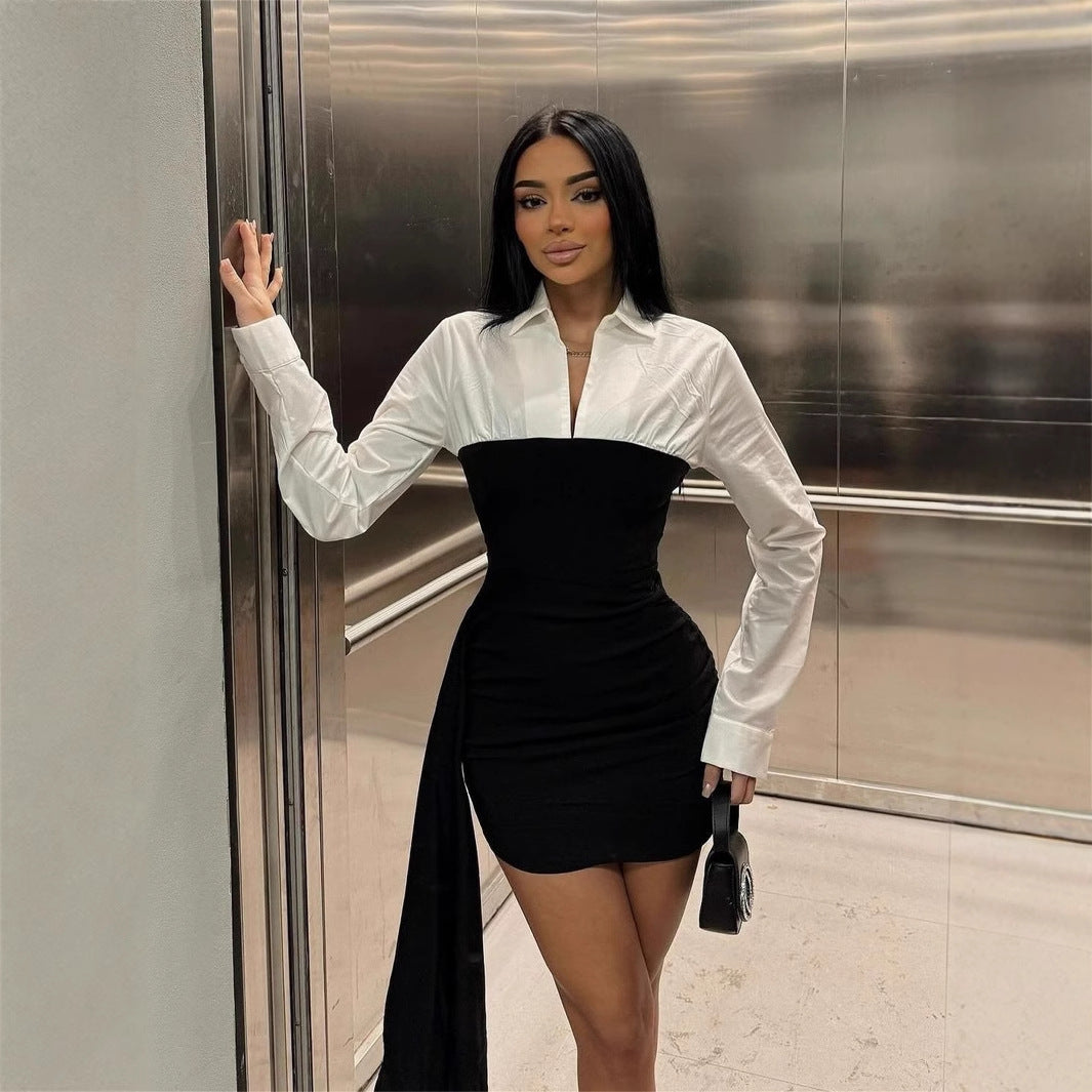 Dam Klänning Färgblock Långärmad Polyester Mini Kjol-2