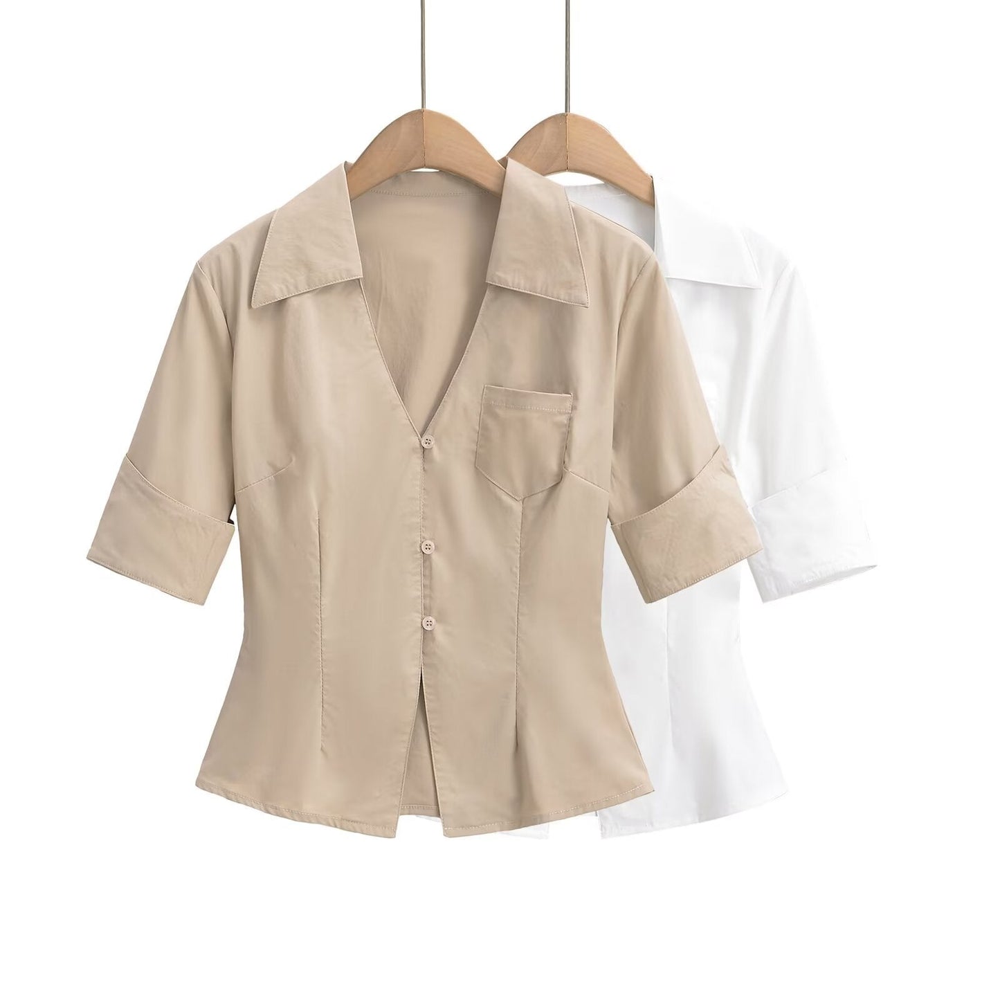 Kvinnors Skjortablus Elegant Krage Bomullsblandning 3