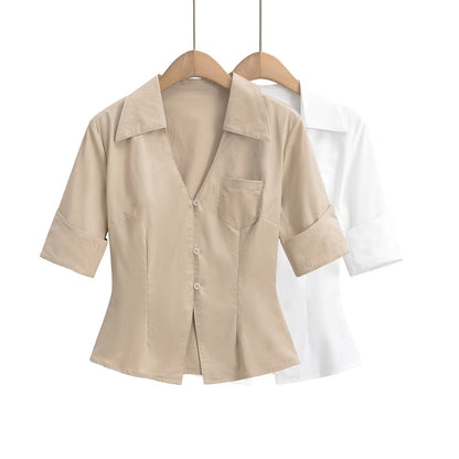Kvinnors Skjortablus Elegant Krage Bomullsblandning 3