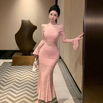 Kvinna Lång Klänning Axelfri Dramatiska Ärmar Högkvalitativt Tyg-2