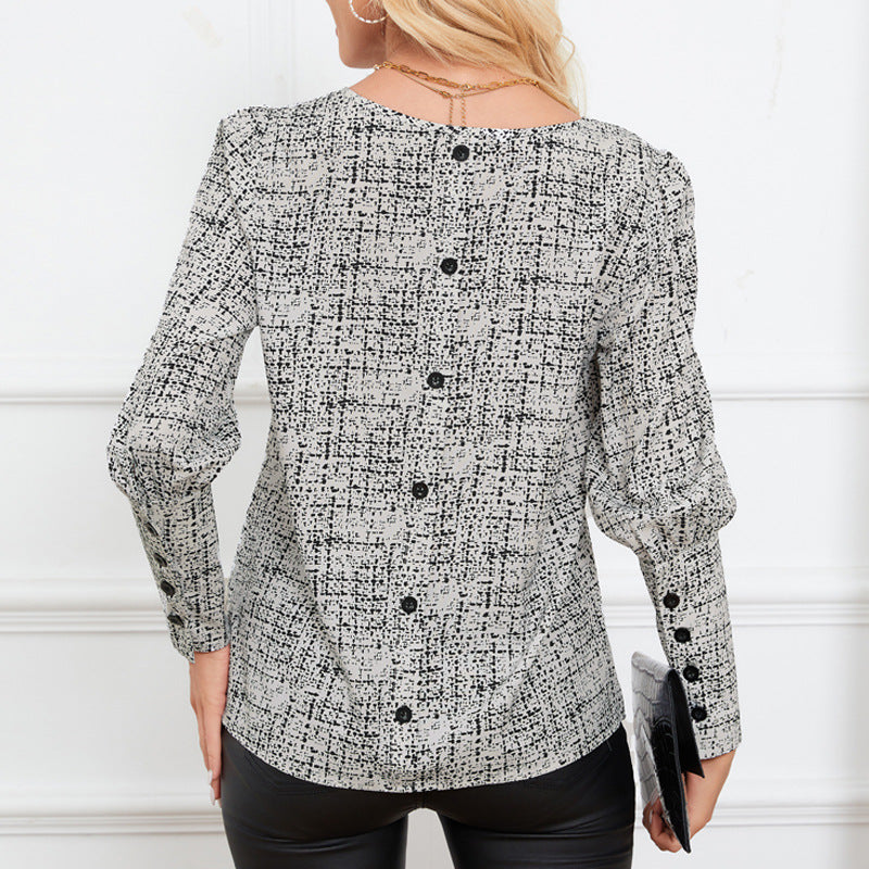 Dam Skjorta Långärmad Karo Tryckt 100% Bomull med Puffärmar-3