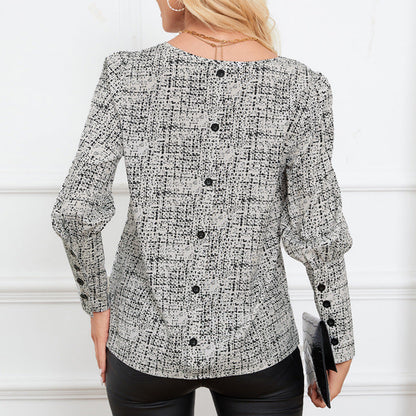 Dam Skjorta Långärmad Karo Tryckt 100% Bomull med Puffärmar-3