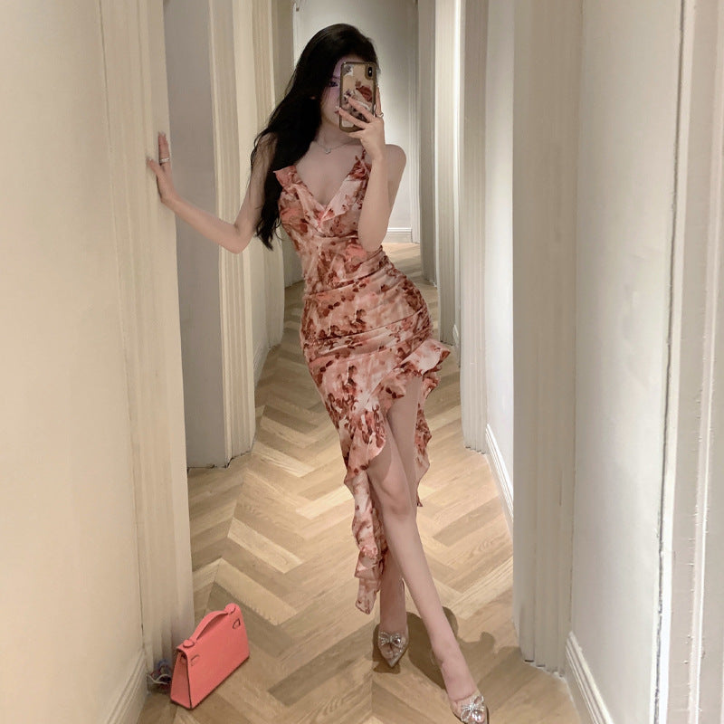 Kvinna Lång Klänning Oregelbunden V-hals Ärmös Kvalitetsblandning-1