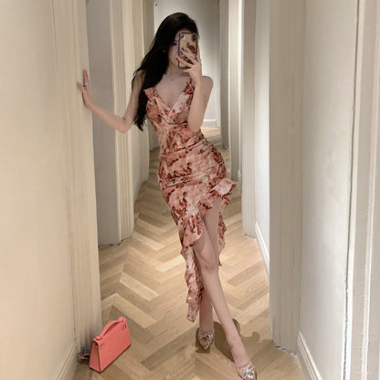 Kvinna Lång Klänning Oregelbunden V-hals Ärmös Kvalitetsblandning-1