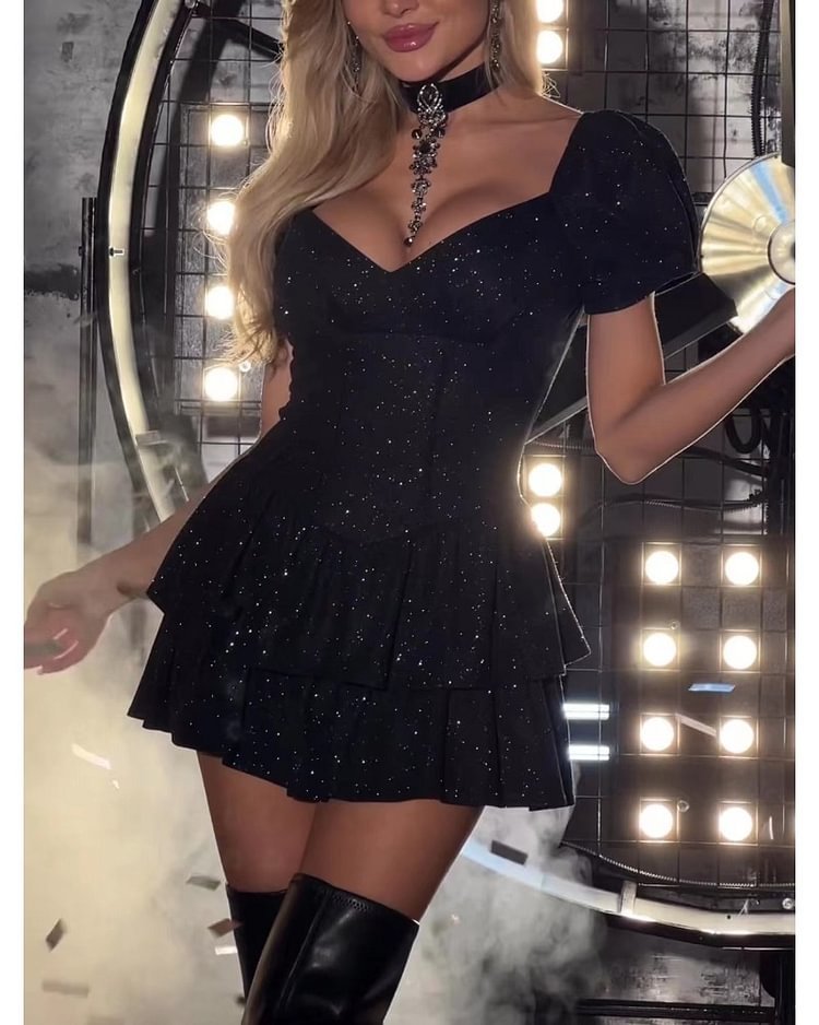 Kvinnor Klänning Fyrkantig Halsringning Puffärmar Polyester-4