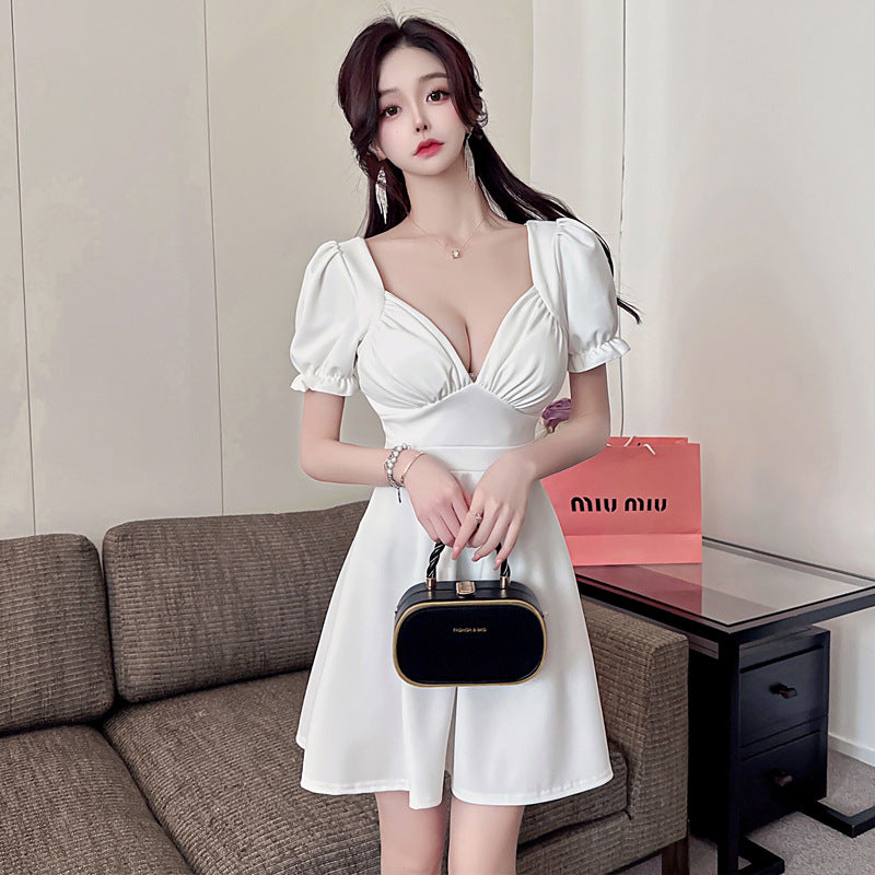 Dam Kort Klänning V-skärning Utställda Ärmar Polyester-1