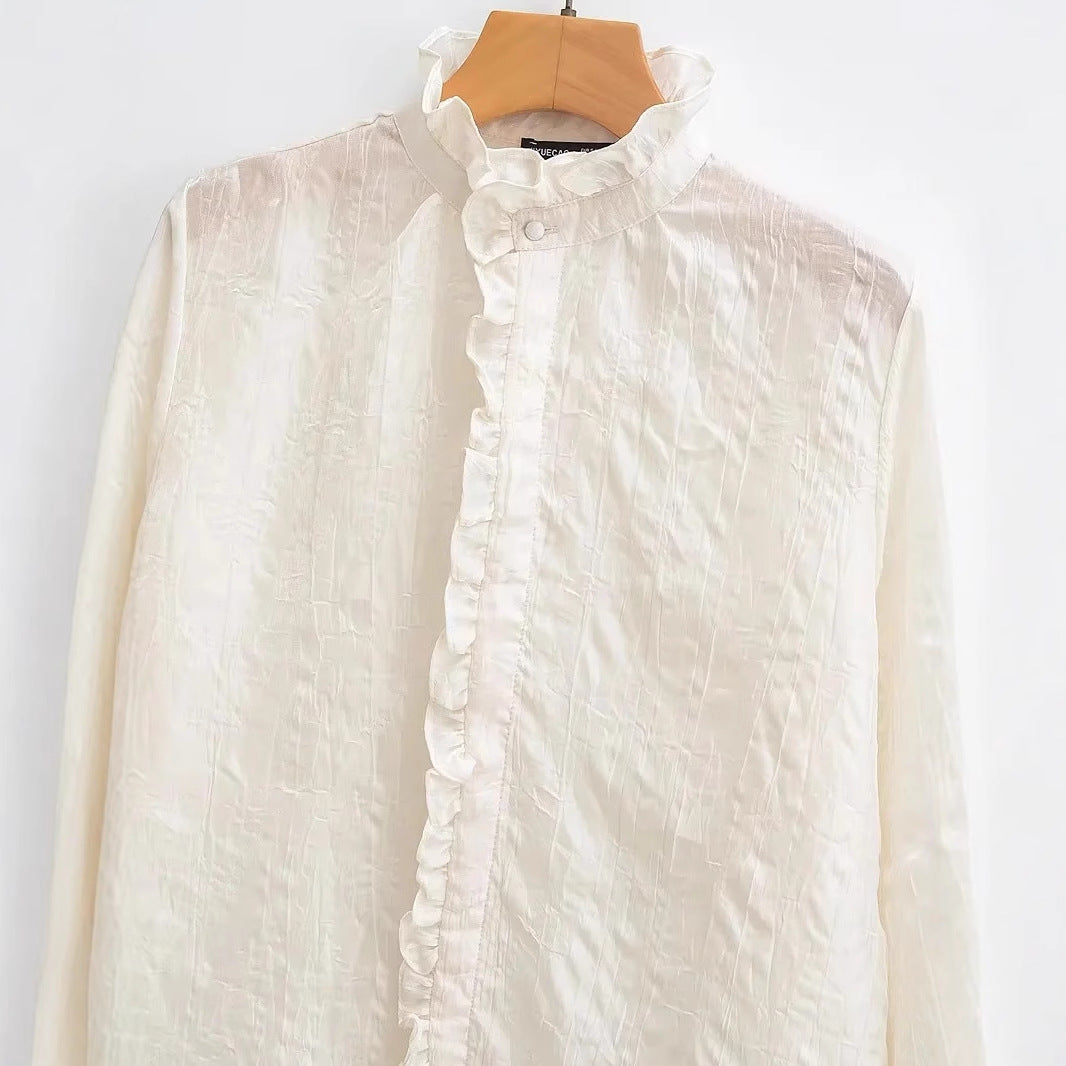 Dam Blus med Ruffles Höghalsad Krage Lätt Material-3