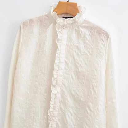 Dam Blus med Ruffles Höghalsad Krage Lätt Material-3