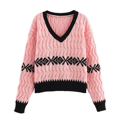 Stickad Dam Tröja med V-Ringning och Kontrasterande Mönster – Mjuk och Bekväm för Höst och Vinter 1