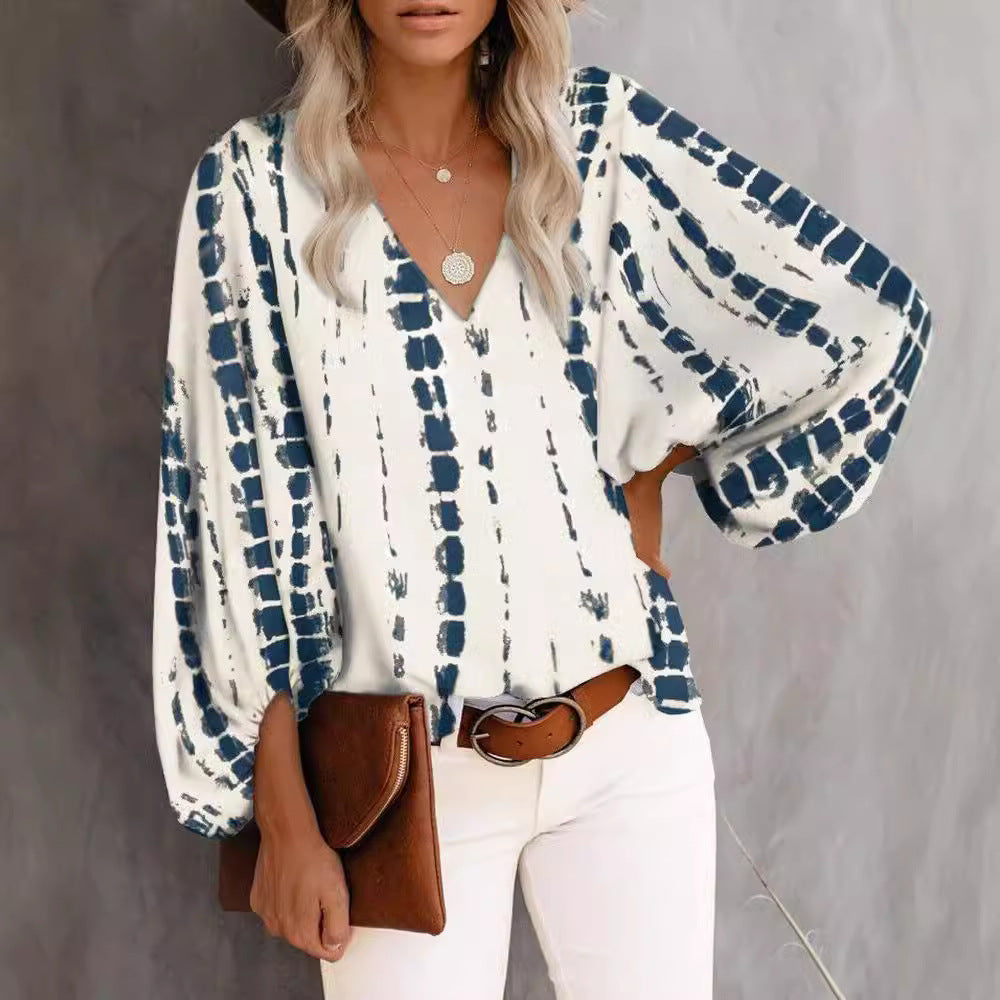 Dam Tröja V-ringad Lång Ärmar Mjuk Tyg med Tryck 4