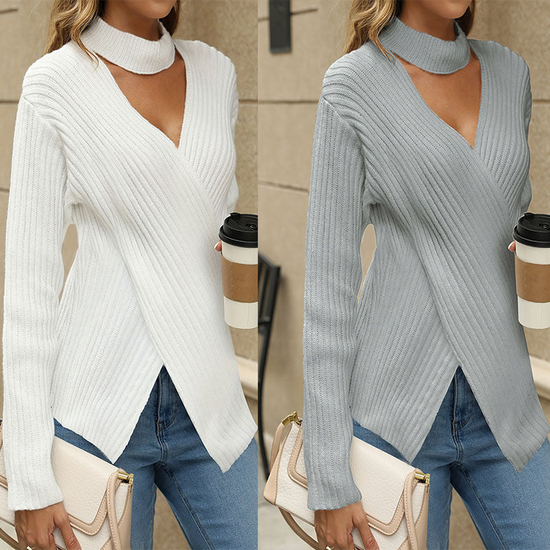 Dam Sweatshirt Halterneck V-ringning Akryl Slim Fit Långärmad 2