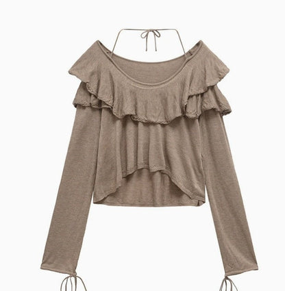 Kvinnors Beskuren Topp Ruffad Halsringning Långärmad Andningsbar Tyg-1