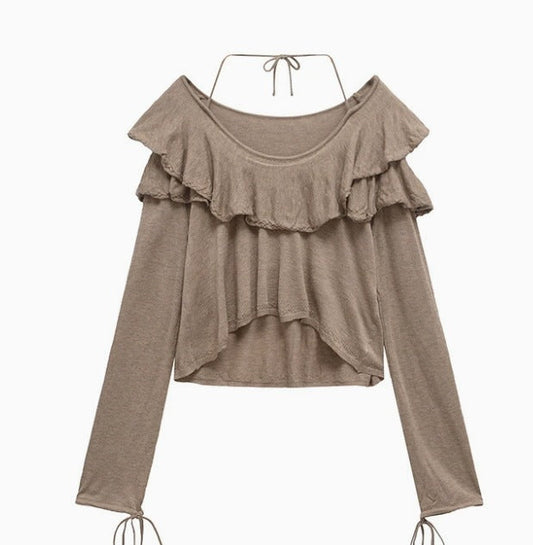 Kvinnors Beskuren Topp Ruffad Halsringning Långärmad Andningsbar Tyg-1