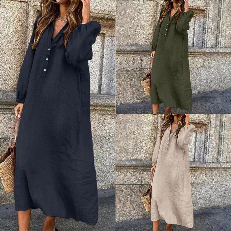 Dam Långärmad Klänning Byxor A-linjeformad Bomull och Linne-2