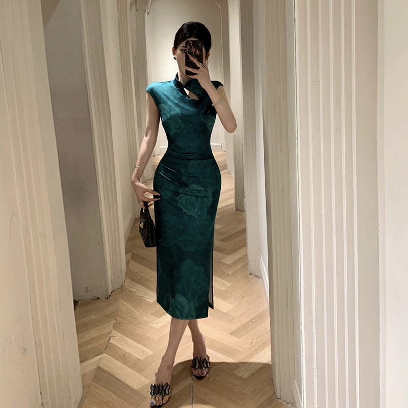 Damklänning Mid-längd Slim Fit med Ståkrage Högkvalitativt Tyg-3