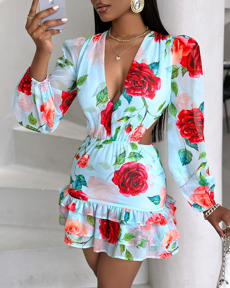 Dam Klänning V-ringning Kort Kjol Polyester Fina Damklänningar-1