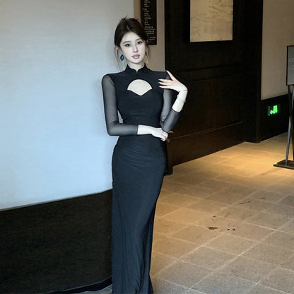 Elegant Cheongsam Klänning med Transparenta Ärmar – Polyester och Spandex, Halv Hög Halsringning, Långärmad, Slits, Flera Storlekar 1