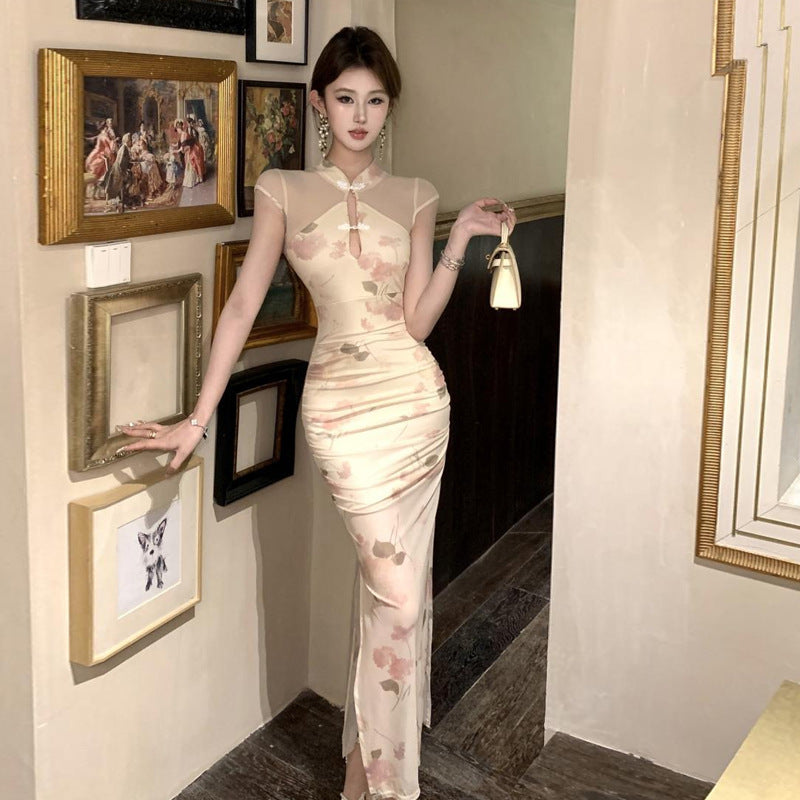 Damklänning Lång Qipao Blommönster Polyester-1