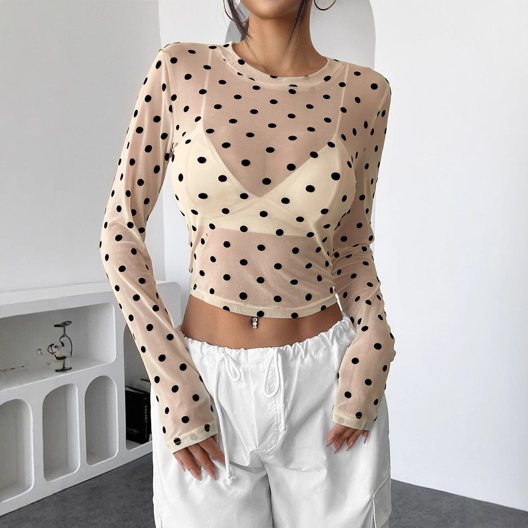Dam Långärmad T-Shirt Transparent Mesh Rundhalsad Polka Dots-4