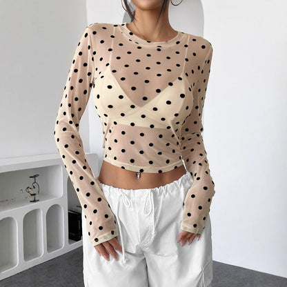 Dam Långärmad T-Shirt Transparent Mesh Rundhalsad Polka Dots-4