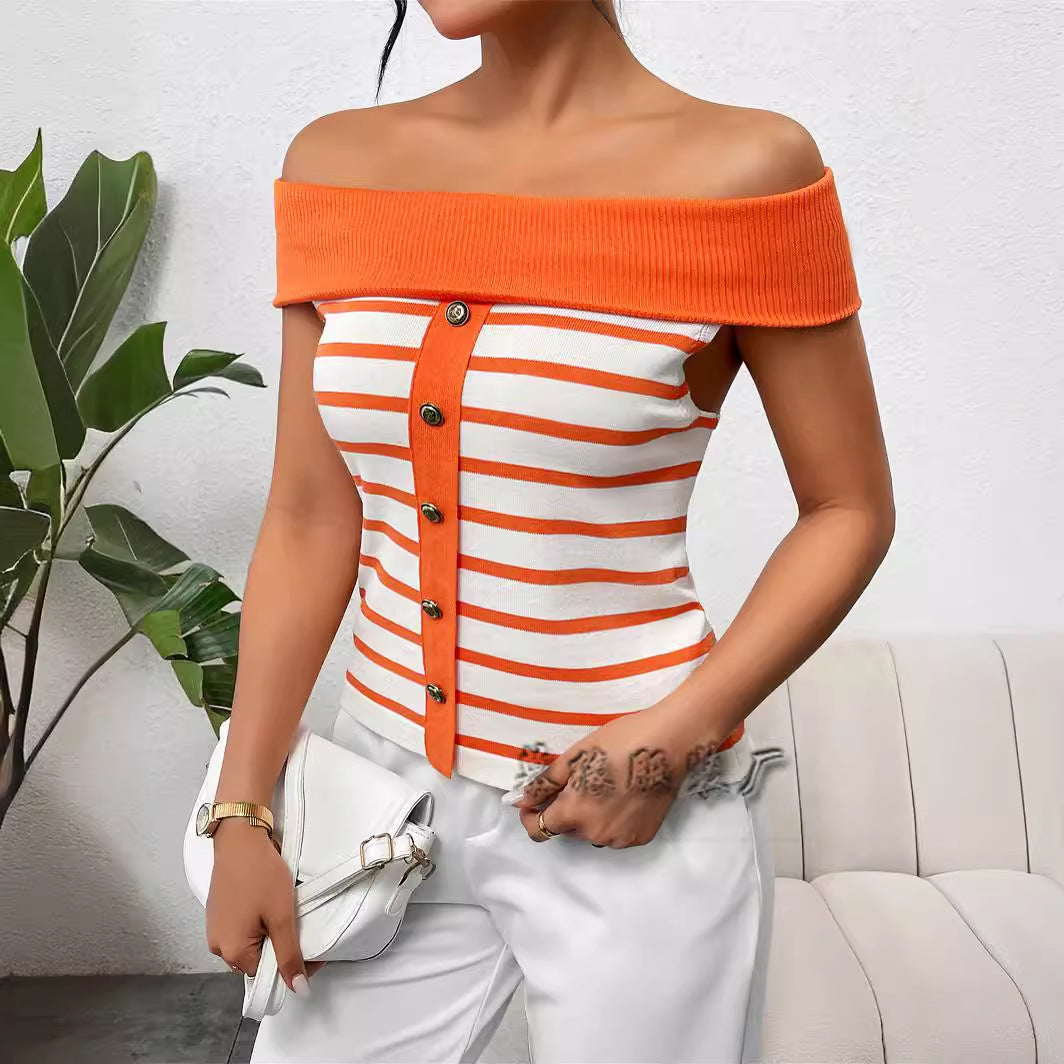 Dam Off-Shoulder Tröja Randig Viskos Nylon-2