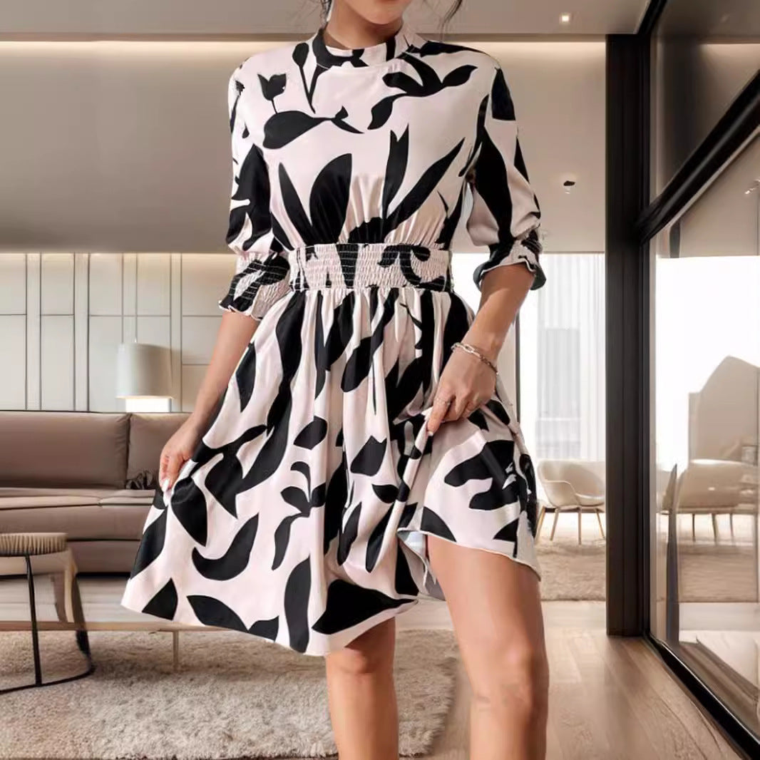 Kvinnors Midi Klänning A-linjeformad Polyester Trekvart Ärmar Rundad Nacke-3