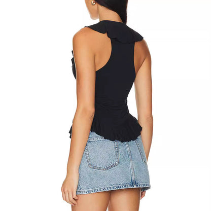 Dam Skjorta Ärmlös Volang Polyester V-Ringning-2