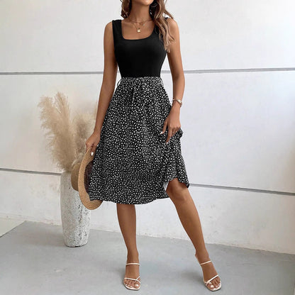 Damklänning A-Linje Ärmlös Färgblock Polyester Midi-3