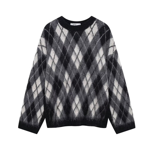 Dam Tröja Långärmad Pullover Polyester med Diamantmönster-1