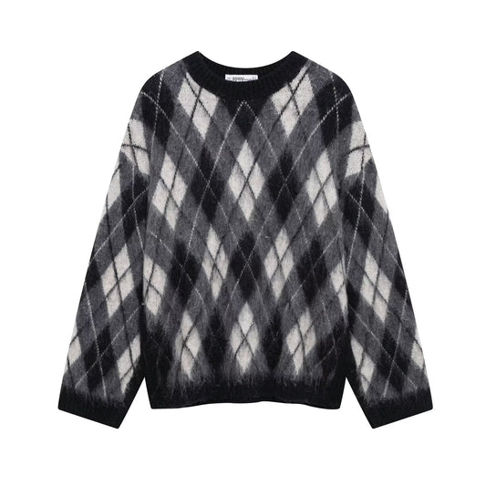 Dam Tröja Långärmad Pullover Polyester med Diamantmönster-1