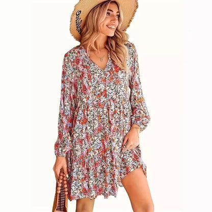 Dam Klänning Blommig Midi V-Hals Långärmad Polyester-5