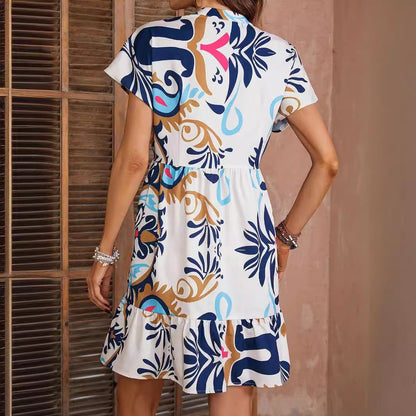 Fina Dam Klänningar Kortärmad Ruffled Polyester Elegant Sommarstil-3