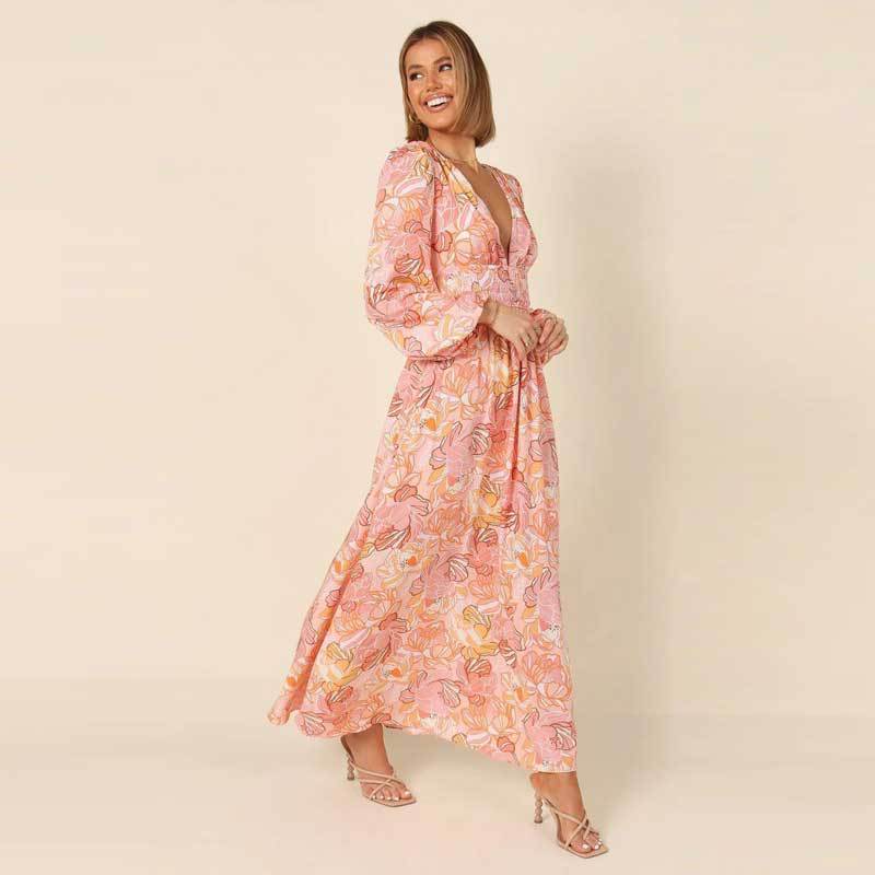 Långärmad A-linjeformad Klänning i Polyester med Tryckt Mönster – Elegant och Bekväm för Vardagsbruk och Fest 3