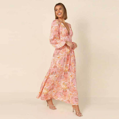 Långärmad A-linjeformad Klänning i Polyester med Tryckt Mönster – Elegant och Bekväm för Vardagsbruk och Fest 3