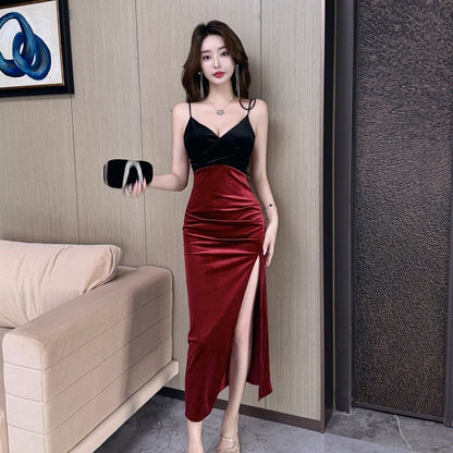 Variant image for Maxi Klänning Dam Sammet V-ringning Slits Lång Klänning-4